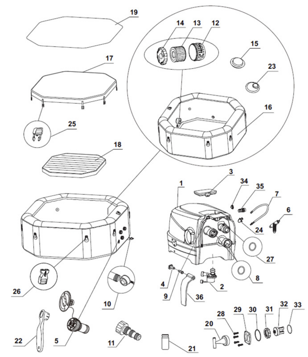 Peças de Reposição Intex Whirlpool Pure-Spa Bubble & Jet - Grande - 128462 - Modelo a partir de 2021