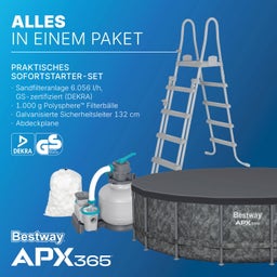 APX365™ Winterfestes Frame Pool Komplett-Set Ø 549 x 132 cm - Set mit Pool, Sandfilteranlage, Filterbällen, Sicherheitsleiter, Abdeckplane, Reparaturflicken